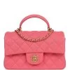 Pre-owned Chanel Mini Rectangular Flap With Top Handle Hot Pink Caviar Antique Gold Hardware