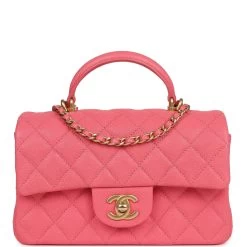 Pre-owned Chanel Mini Rectangular Flap With Top Handle Hot Pink Caviar Antique Gold Hardware