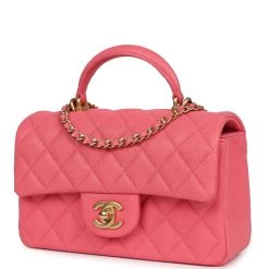 Pre-owned Chanel Mini Rectangular Flap With Top Handle Hot Pink Caviar Antique Gold Hardware -Online Bag Store C MN255 240227 1 03