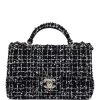 Chanel Mini Rectangular Top Handle Flap Black And White Sequin Tweed Light Gold Hardware