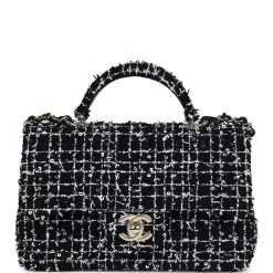 Chanel Mini Rectangular Top Handle Flap Black And White Sequin Tweed Light Gold Hardware
