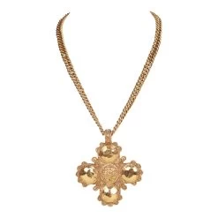 Vintage Chanel Gold Plated Lion Cross Pendant Necklace
