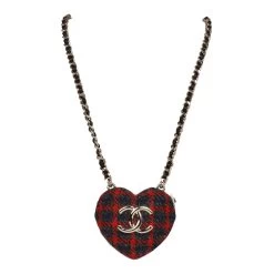 Chanel Red And Blue Plaid Heart Necklace Locket Light Gold Hardware