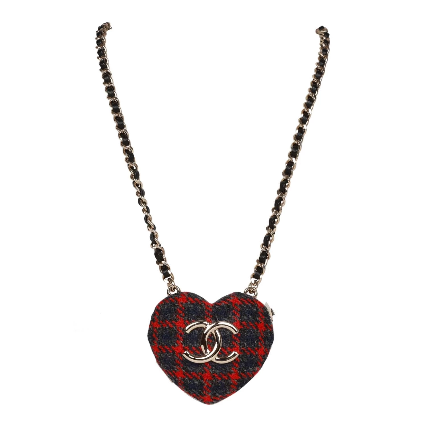 Chanel Red And Blue Plaid Heart Necklace Locket Light Gold Hardware 3 Chanel Red And Blue Plaid Heart Necklace Locket Light Gold Hardware