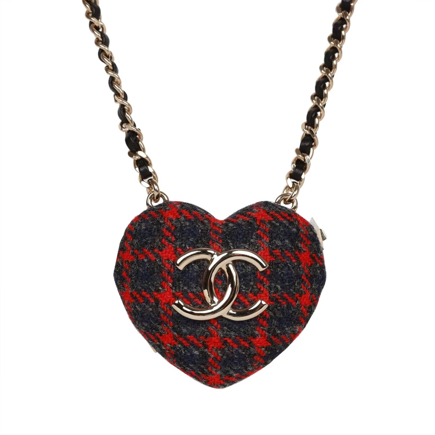 Chanel Red And Blue Plaid Heart Necklace Locket Light Gold Hardware 4 Chanel Red And Blue Plaid Heart Necklace Locket Light Gold Hardware - Image 2