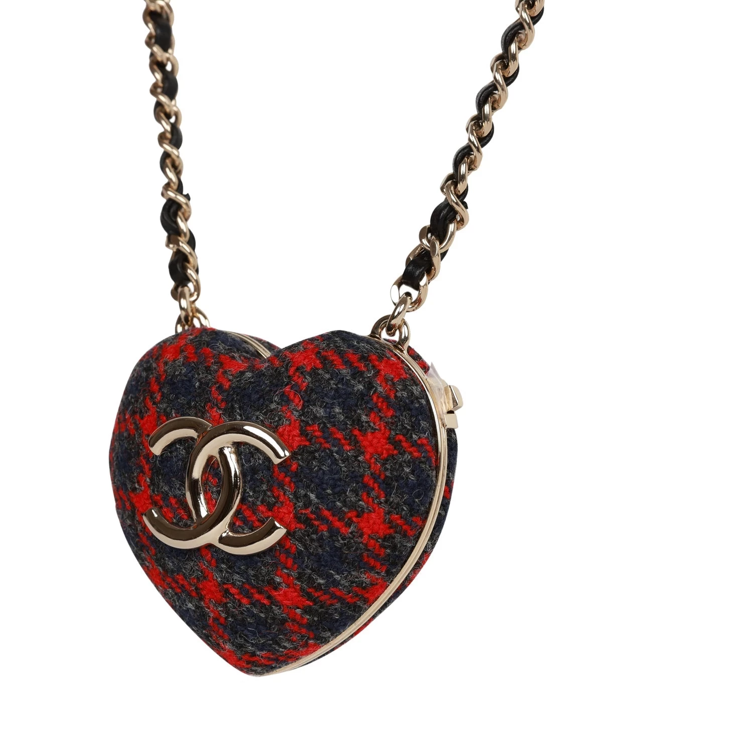 Chanel Red And Blue Plaid Heart Necklace Locket Light Gold Hardware 6 Chanel Red And Blue Plaid Heart Necklace Locket Light Gold Hardware - Image 4