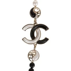 Chanel Black And White CC Logo Faux Pearl Glass Beads Long Necklace -Online Bag Store C N 230615 1 03