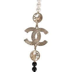 Chanel Black And White CC Logo Faux Pearl Glass Beads Long Necklace -Online Bag Store C N 230615 1 04