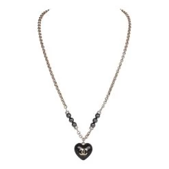 Chanel Black And Silver CC Crystal Heart Pendant Necklace