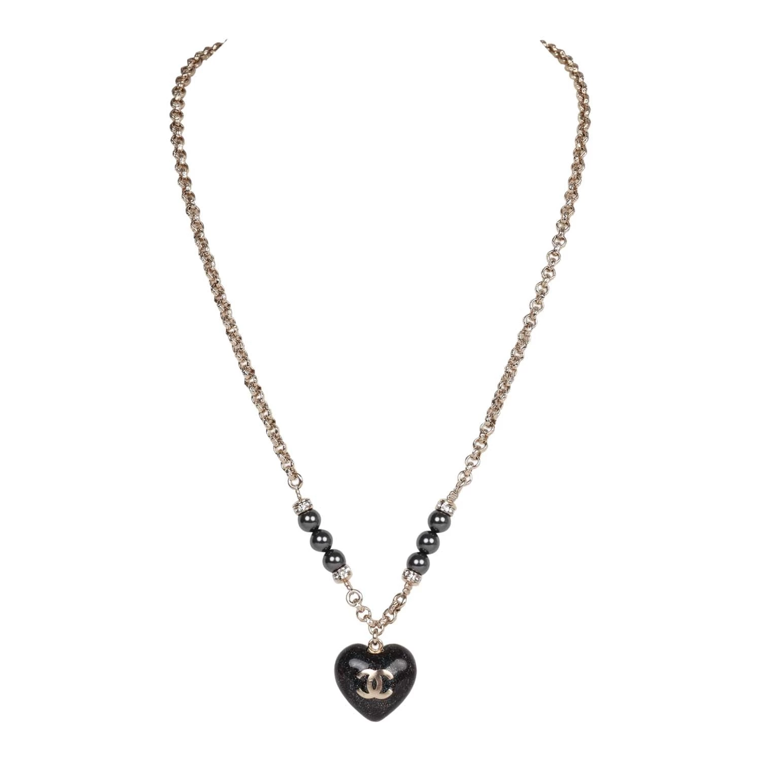 Chanel Black And Silver CC Crystal Heart Pendant Necklace 3 Chanel Black And Silver CC Crystal Heart Pendant Necklace