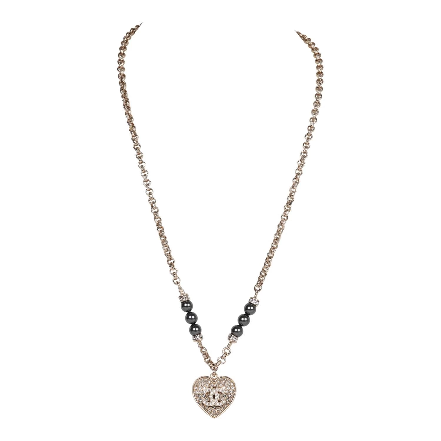 Chanel Black And Silver CC Crystal Heart Pendant Necklace 4 Chanel Black And Silver CC Crystal Heart Pendant Necklace - Image 2
