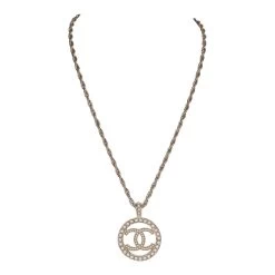 Chanel Large Logo Pearl And Light Gold Metal Pendant Necklace