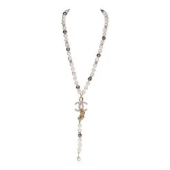 Chanel Layered Pearl, Gripoix, And Strass Gold Metal Fish Head Logo Necklace