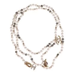 Chanel Long Pearl Necklace With Clear Gripoix, Strass, And Gold