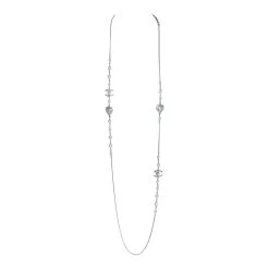 Chanel Silver Metal, White Strass, And White Pearl Logo And Hearts Sautoir Necklace