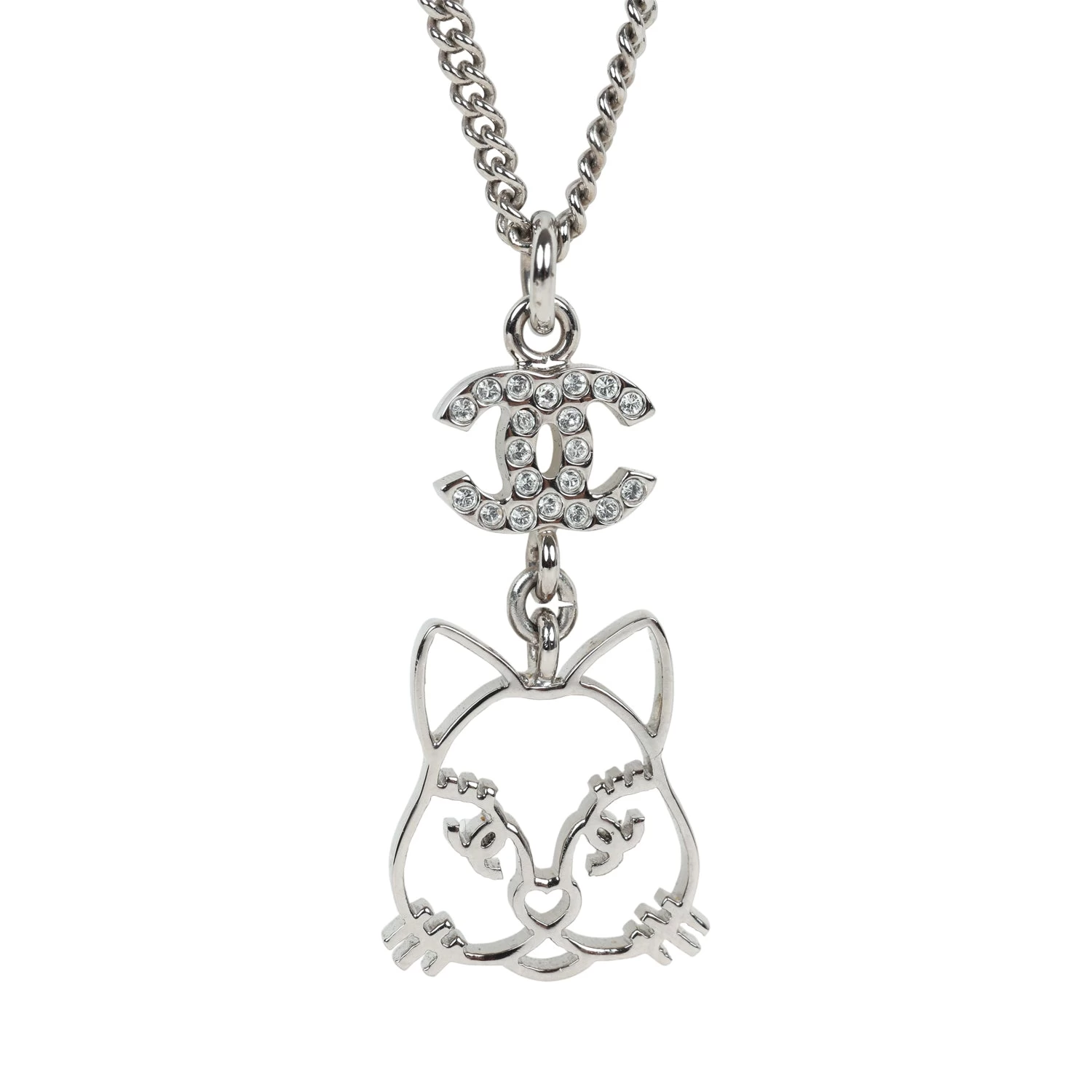 Chanel Silver CC Crystal Choupette Cat Emoji Pendant Necklace 4 Chanel Silver CC Crystal Choupette Cat Emoji Pendant Necklace - Image 2
