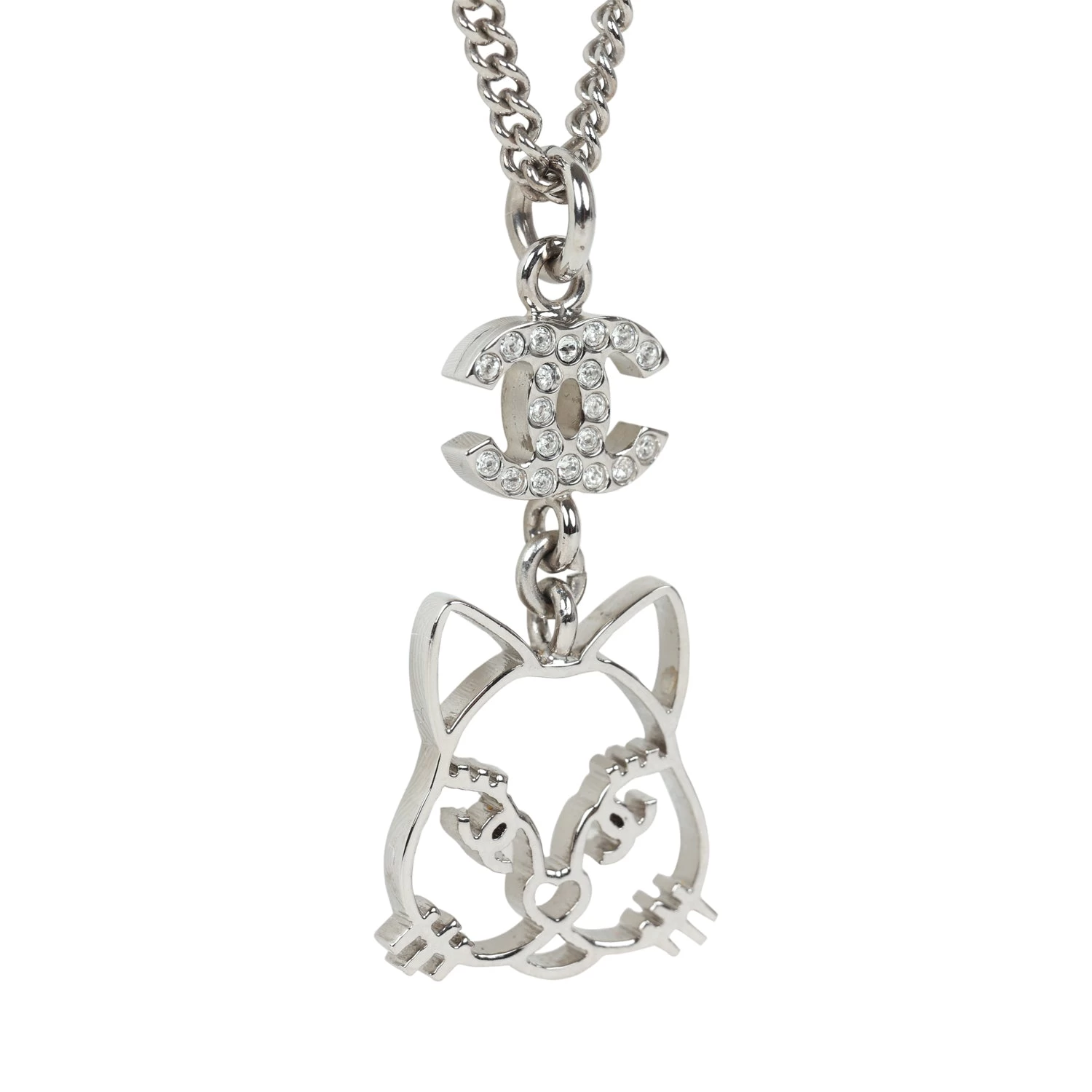 Chanel Silver CC Crystal Choupette Cat Emoji Pendant Necklace 5 Chanel Silver CC Crystal Choupette Cat Emoji Pendant Necklace - Image 3