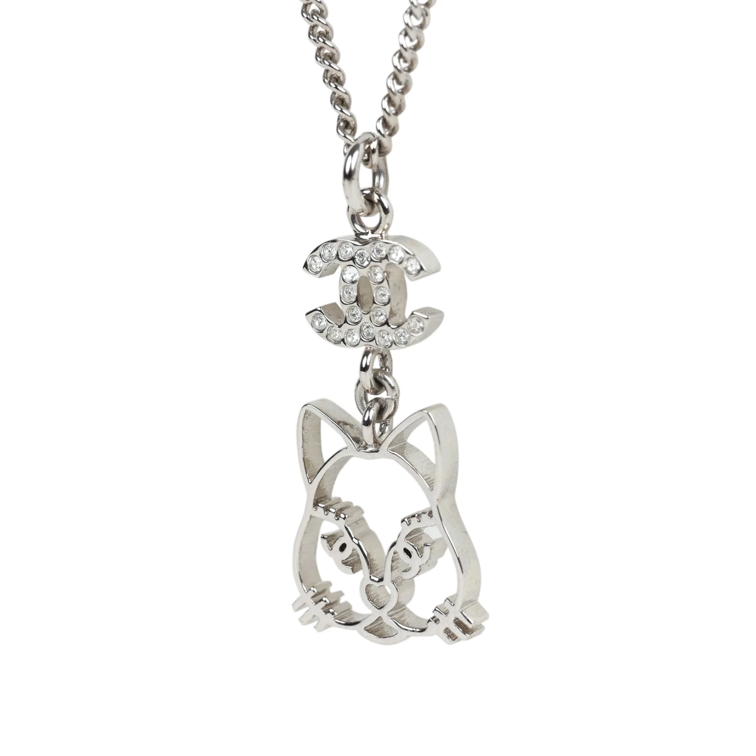 Chanel Silver CC Crystal Choupette Cat Emoji Pendant Necklace 6 Chanel Silver CC Crystal Choupette Cat Emoji Pendant Necklace - Image 4