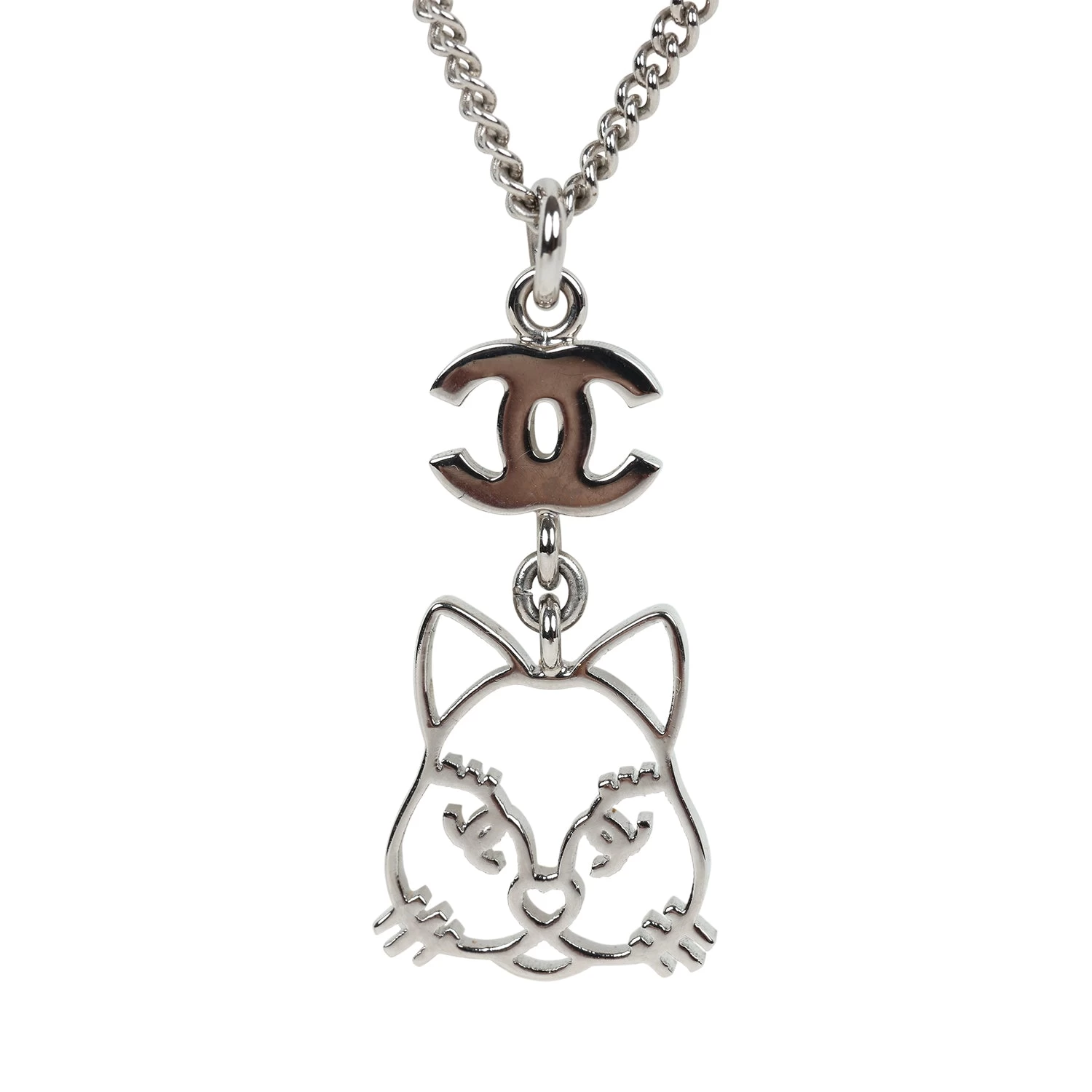 Chanel Silver CC Crystal Choupette Cat Emoji Pendant Necklace 7 Chanel Silver CC Crystal Choupette Cat Emoji Pendant Necklace - Image 5
