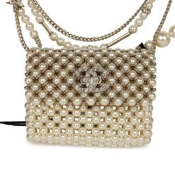 Chanel Pearl Flap Bag Pendant Necklace Light Gold Hardware