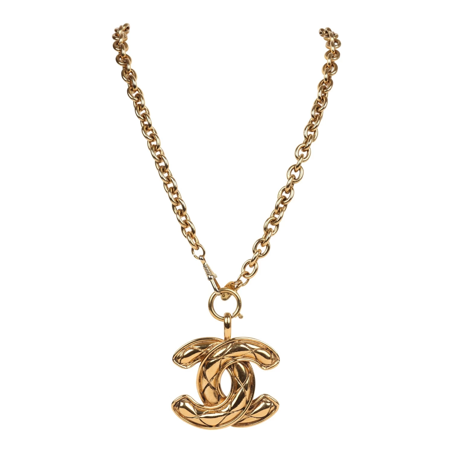 Vintage Chanel Large CC Quilted Pendant Necklace Gold Hardware 3 Vintage Chanel Large CC Quilted Pendant Necklace Gold Hardware