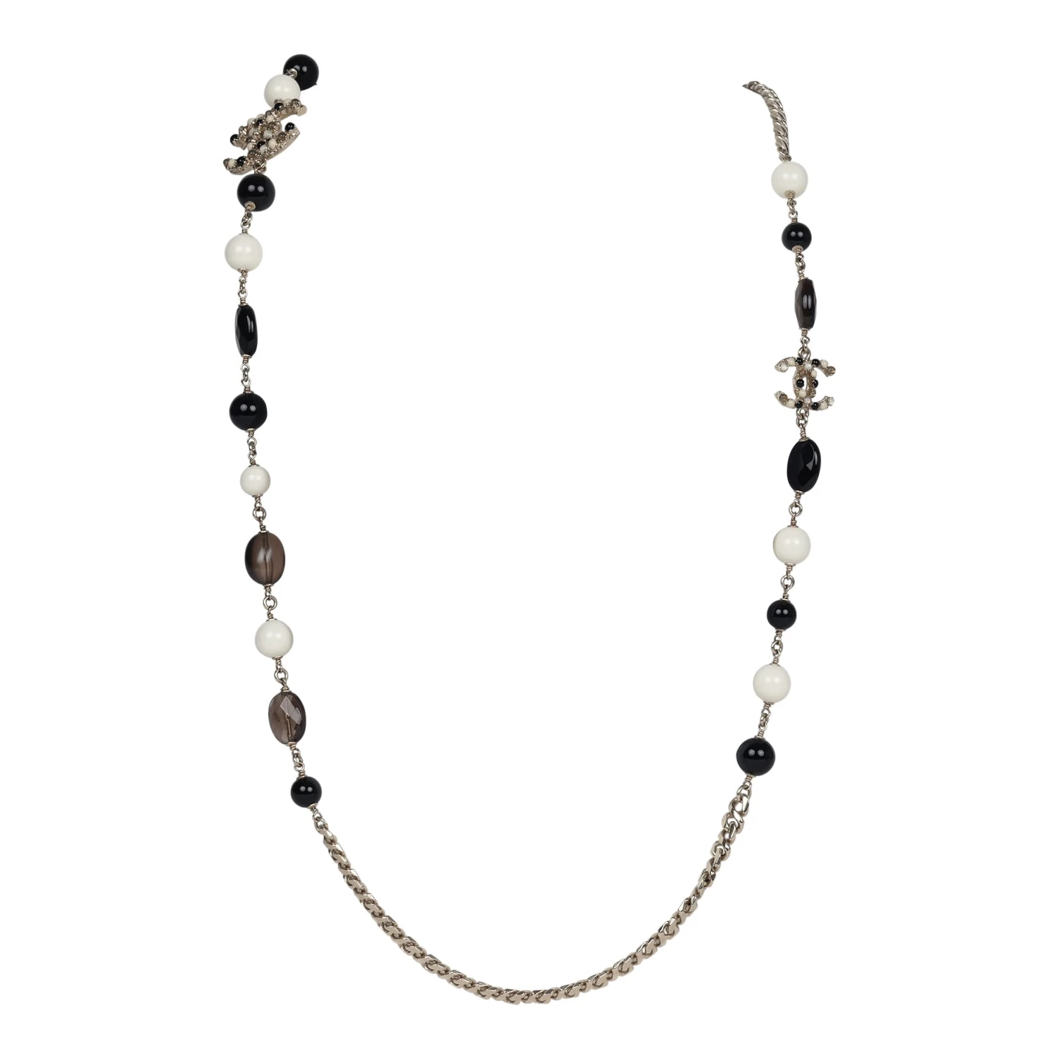 Chanel CC Long Beaded Necklace White/Black/Grey Light Gold Hardware 3 Chanel CC Long Beaded Necklace White/Black/Grey Light Gold Hardware