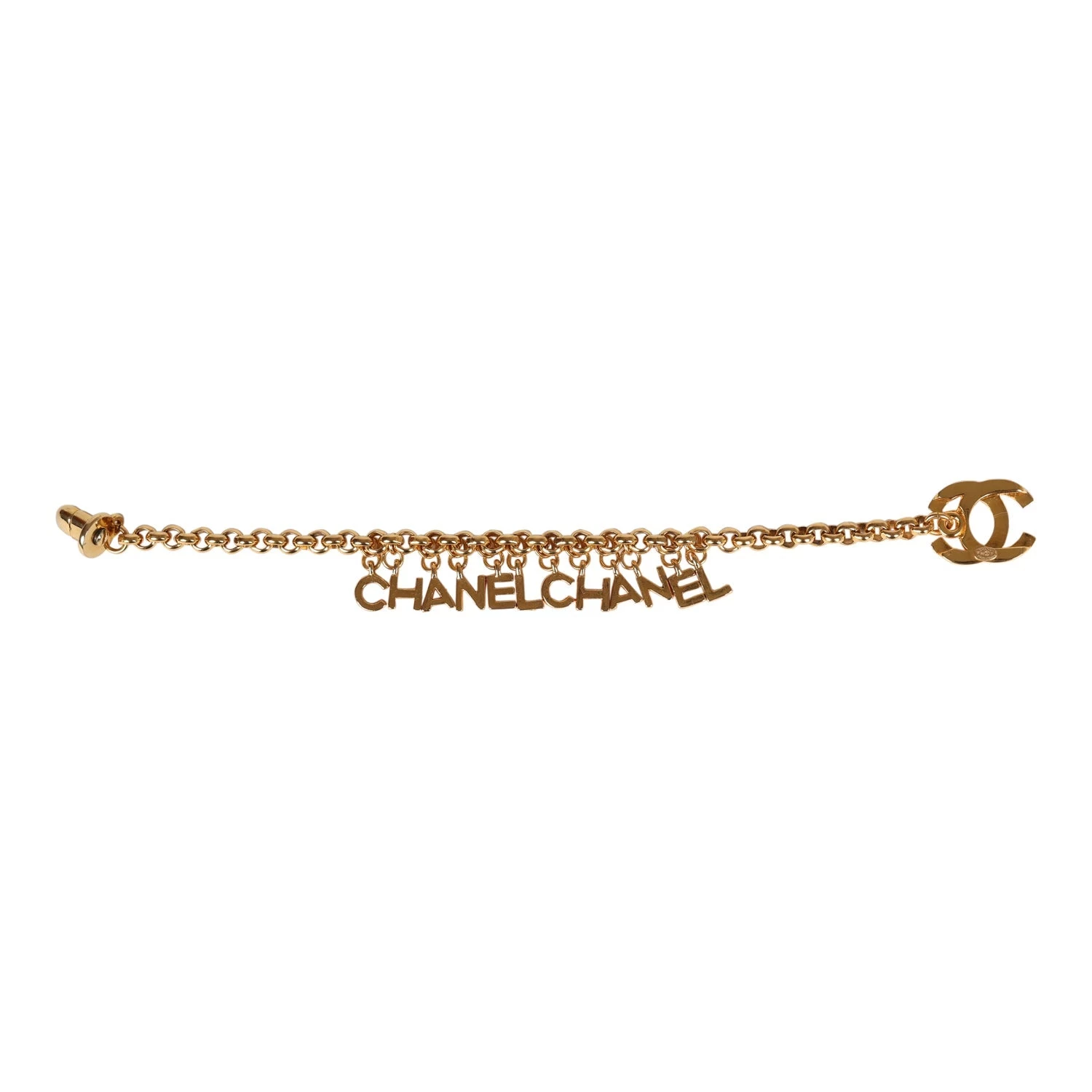 Vintage Chanel "Chanel" Logo Charms Turnlock Bracelet Gold Metal 4 Vintage Chanel "Chanel" Logo Charms Turnlock Bracelet Gold Metal - Image 2