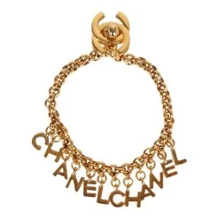 Vintage Chanel "Chanel" Logo Charms Turnlock Bracelet Gold Metal