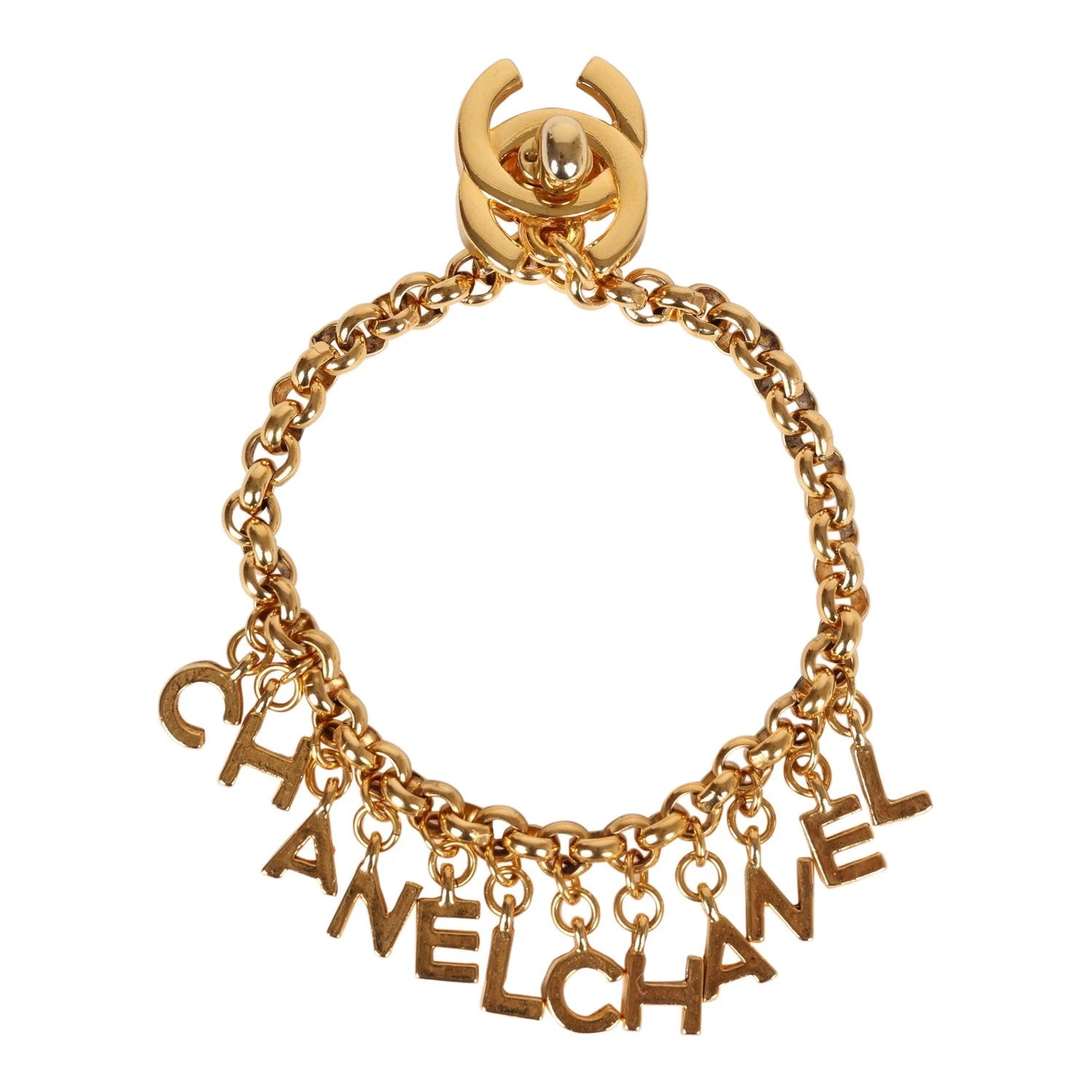 Vintage Chanel "Chanel" Logo Charms Turnlock Bracelet Gold Metal 3 Vintage Chanel "Chanel" Logo Charms Turnlock Bracelet Gold Metal