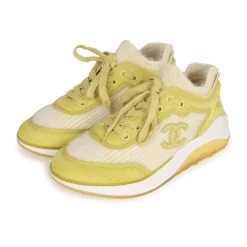 Chanel CC Lowtop Sneakers Off-White Knit And Light Green Suede 35