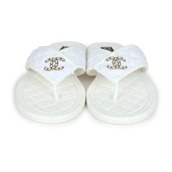 Chanel CC Logo Thong Sandals White Lambskin & Tweed 38 EU Gold Hardware -Online Bag Store C SH 240110 1 TC 01