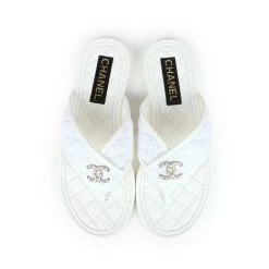 Chanel CC Logo Thong Sandals White Lambskin & Tweed 38 EU Gold Hardware -Online Bag Store C SH 240110 1 TC 07