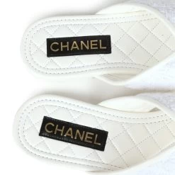 Chanel CC Logo Thong Sandals White Lambskin & Tweed 38 EU Gold Hardware -Online Bag Store C SH 240110 1 TC 08