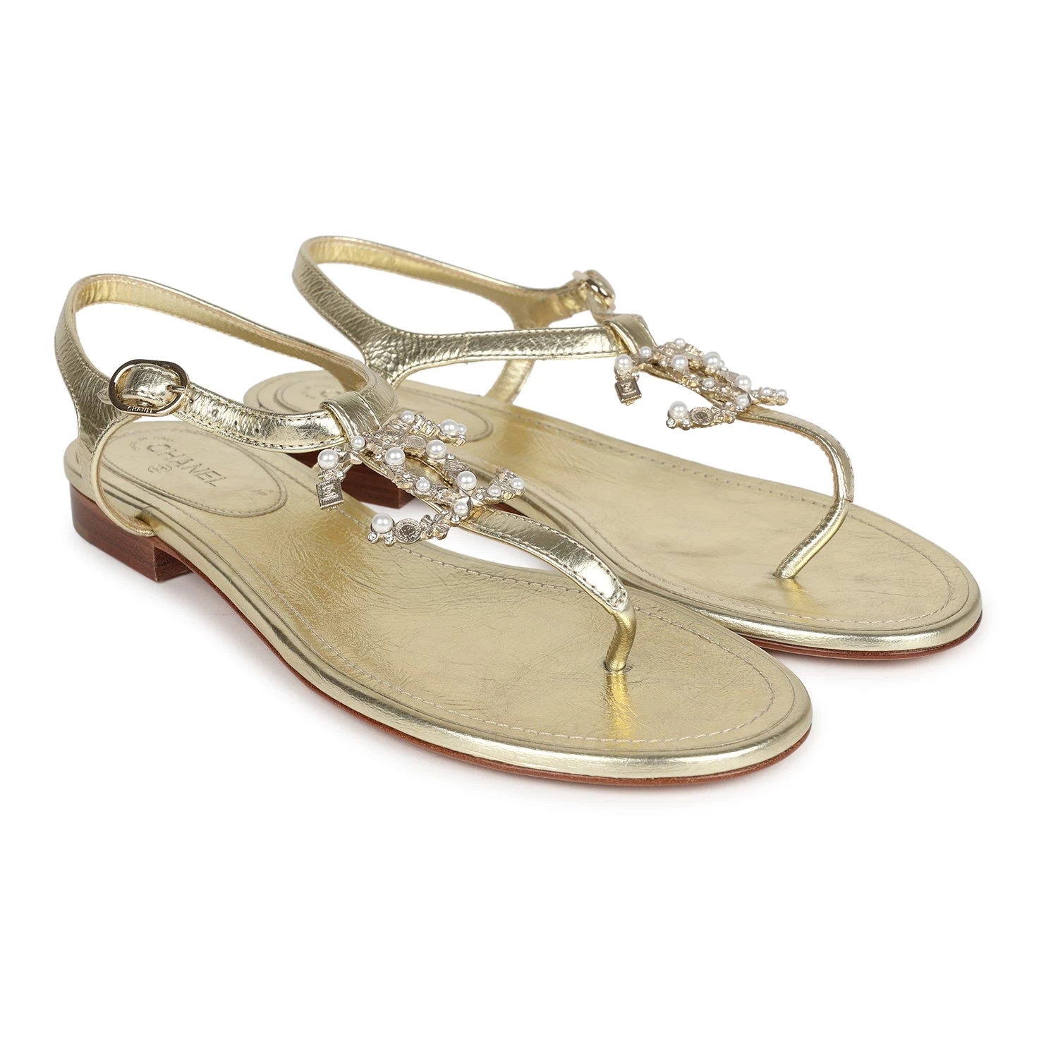 Chanel CC Jeweled Thong Sandals Gold Metallic 38C EU 5 Chanel CC Jeweled Thong Sandals Gold Metallic 38C EU - Image 3