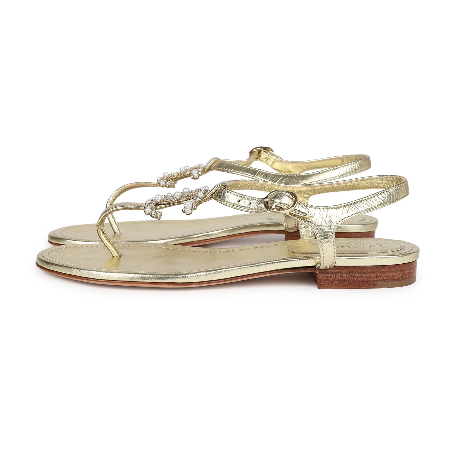 Chanel CC Jeweled Thong Sandals Gold Metallic 38C EU 6 Chanel CC Jeweled Thong Sandals Gold Metallic 38C EU - Image 4