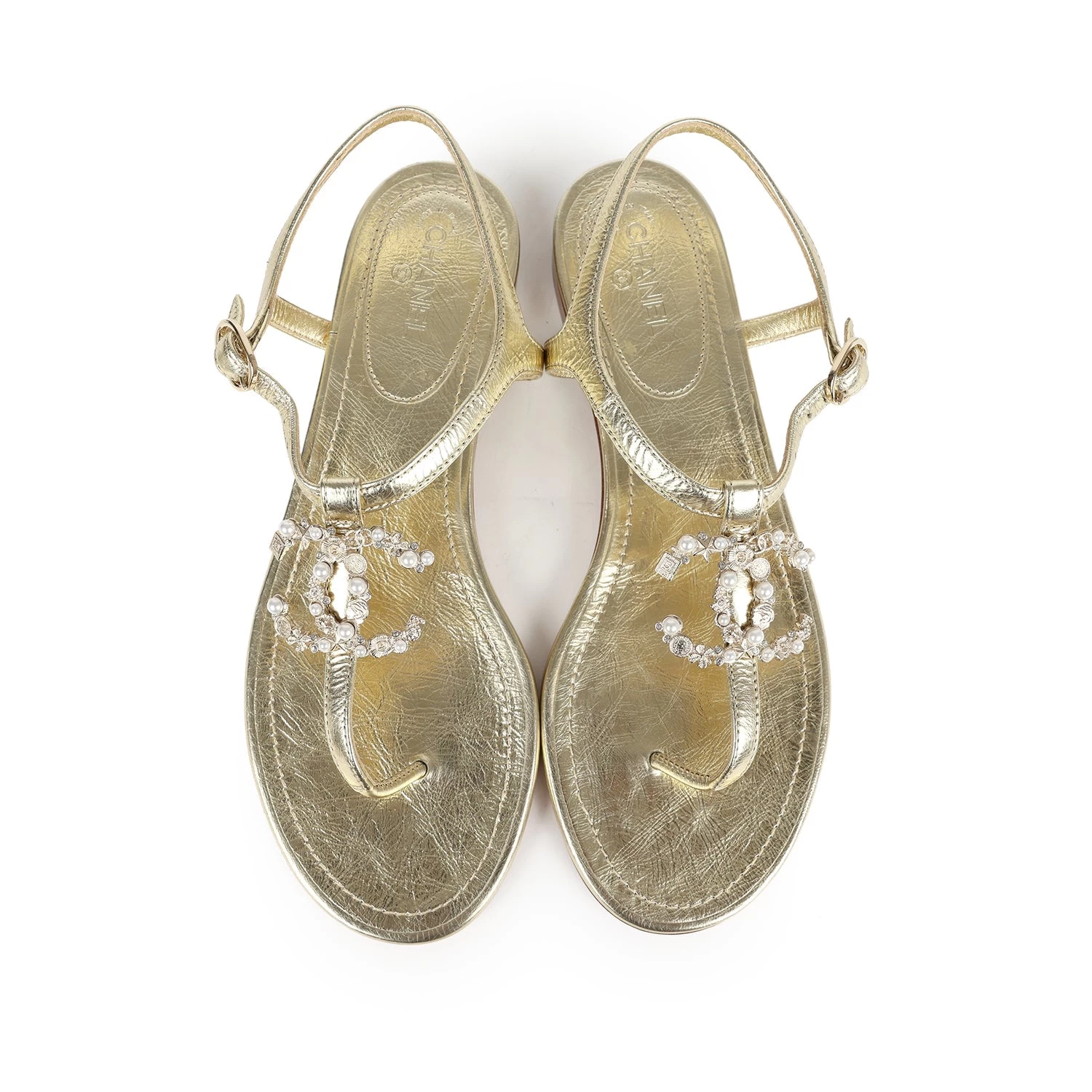 Chanel CC Jeweled Thong Sandals Gold Metallic 38C EU 9 Chanel CC Jeweled Thong Sandals Gold Metallic 38C EU - Image 7