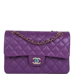 Chanel Small Classic Double Flap Purple Caviar Light Gold Hardware