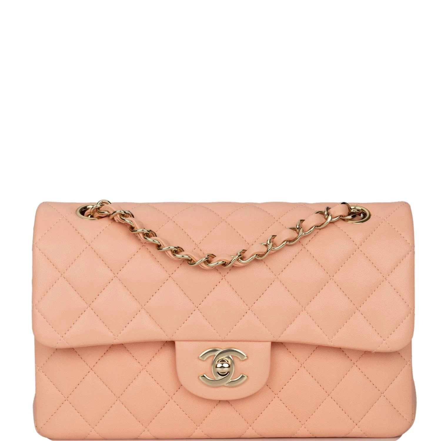 Chanel Small Classic Double Flap Peach Lambskin Light Gold Hardware 3 Chanel Small Classic Double Flap Peach Lambskin Light Gold Hardware