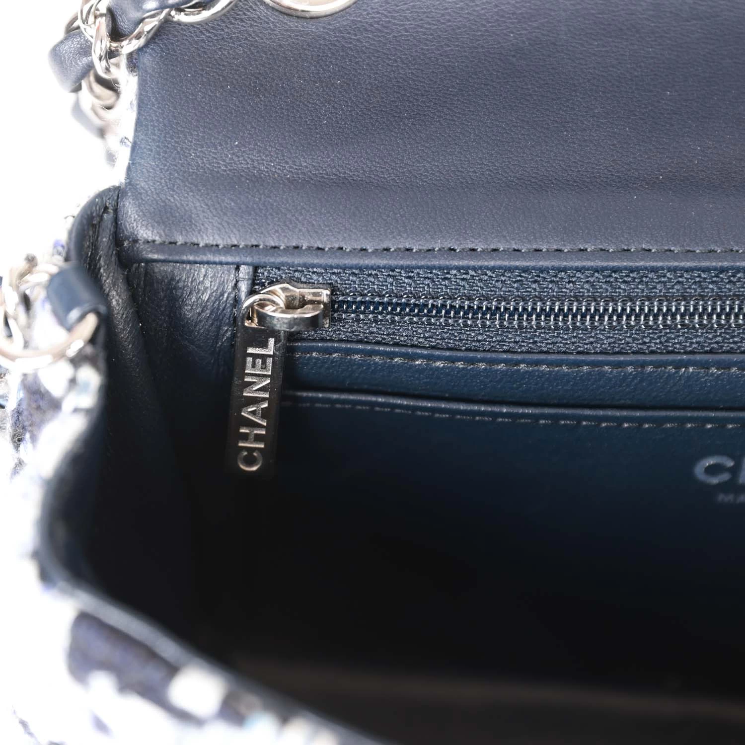 Pre-owned Chanel Mini Rectangular Flap Bag Blue Tweed Silver Hardware 12 Pre-owned Chanel Mini Rectangular Flap Bag Blue Tweed Silver Hardware - Image 10