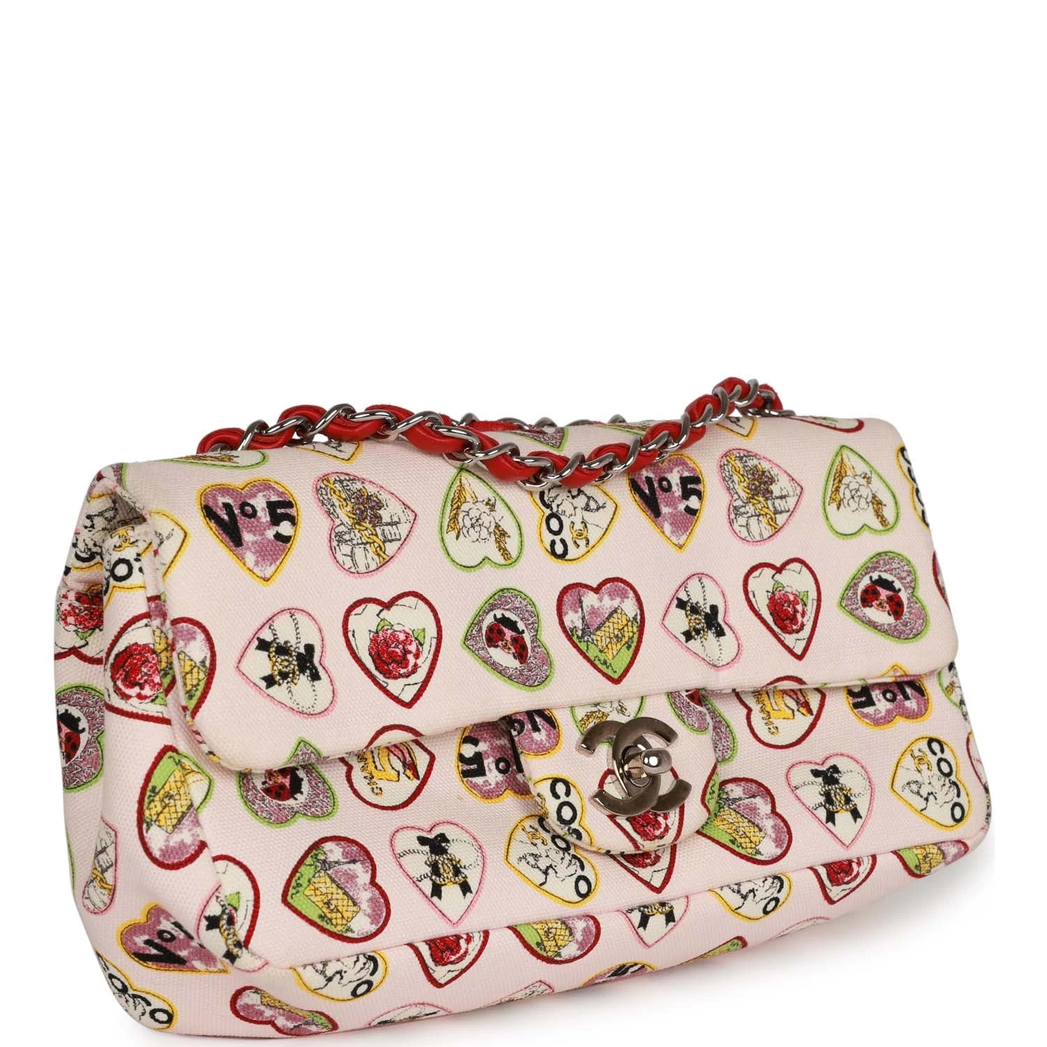 Pre-Owned Chanel Small Classic Coco Heart Motif Flap Bag Multicolor Canvas Silver Hardware 4 Pre-Owned Chanel Small Classic Coco Heart Motif Flap Bag Multicolor Canvas Silver Hardware - Image 2