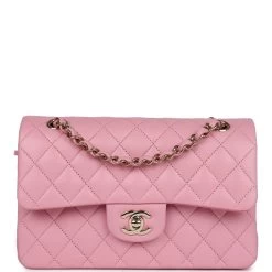 Chanel Small Classic Double Flap Dark Pink Lambskin Light Gold Hardware