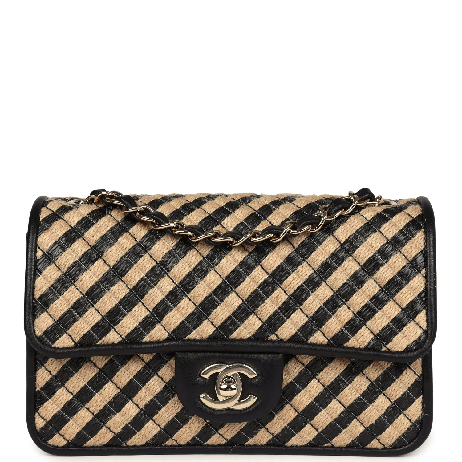 Chanel Small Urban Jungle Flap Beige And Black Stripe Raffia Jute Gold Hardware 3 Chanel Small Urban Jungle Flap Beige And Black Stripe Raffia Jute Gold Hardware