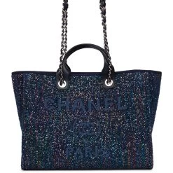 Chanel Large Deauville Shopping Bag Blue Sequin Boucle Silver Hardware