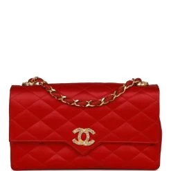 Vintage Chanel Small Flap Bag Red Satin Gold Hardware