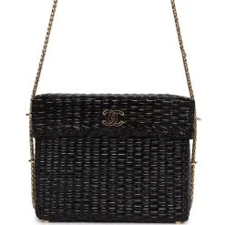 Vintage Chanel Wicker Picnic Basket Bag Black Gold Hardware