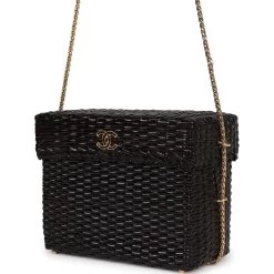 Vintage Chanel Wicker Picnic Basket Bag Black Gold Hardware -Online Bag Store C V 230321 3 04