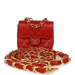 Vintage Chanel Micro Belt Flap Bag Red Lambskin Gold Hardware