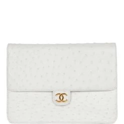 Vintage Chanel Single Flap Bag White Ostrich Gold Hardware