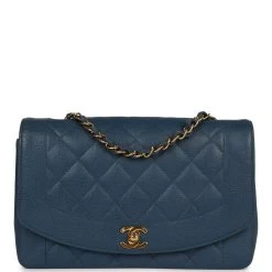 Vintage Chanel Medium Diana Flap Bag Blue Caviar Gold Hardware