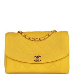 Vintage Chanel Medium Diana Flap Bag Yellow Lambskin Gold Hardware
